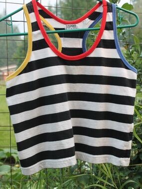 Esprit Black & White Striped Boxy Crop Top with Yellow, Red, & Blue Trim